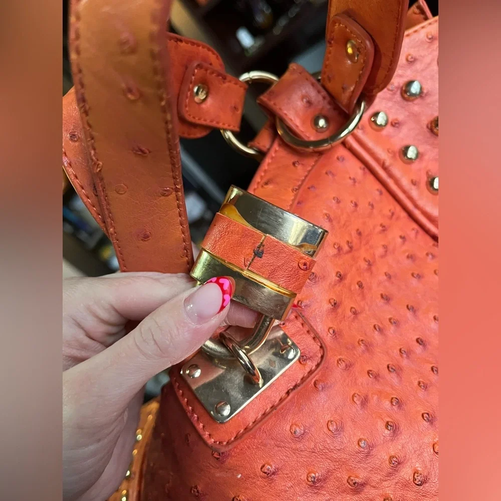 Expressions NYC Orange Faux Ostrich Studded Shoulder Bag Slightly Flawed - Picture 12 of 16